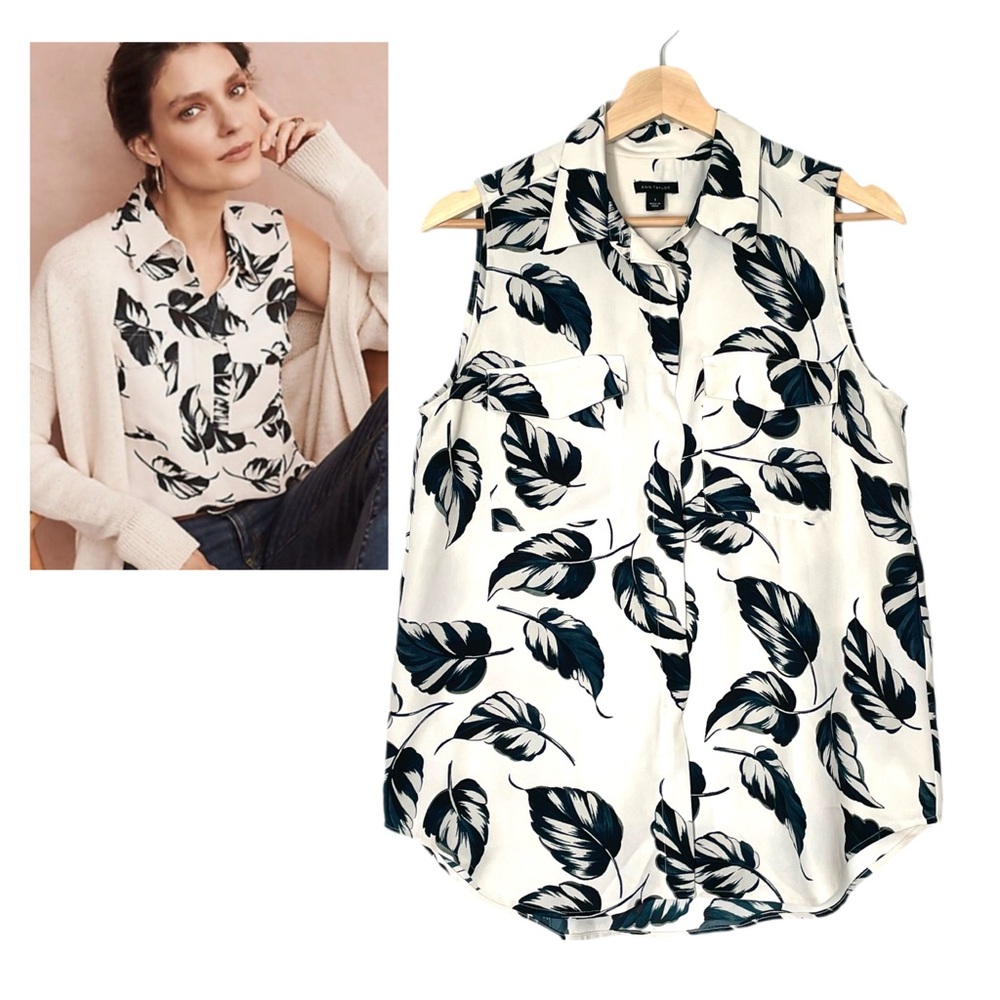 Ann Taylor White Sleeveless Button-Down Shirt with Black Leaf Print